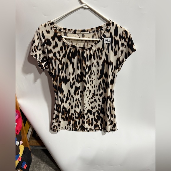 Worthington Tops - #3483-Worthington Leopard Print Short Sleeve Top - Cream, Black, Brown